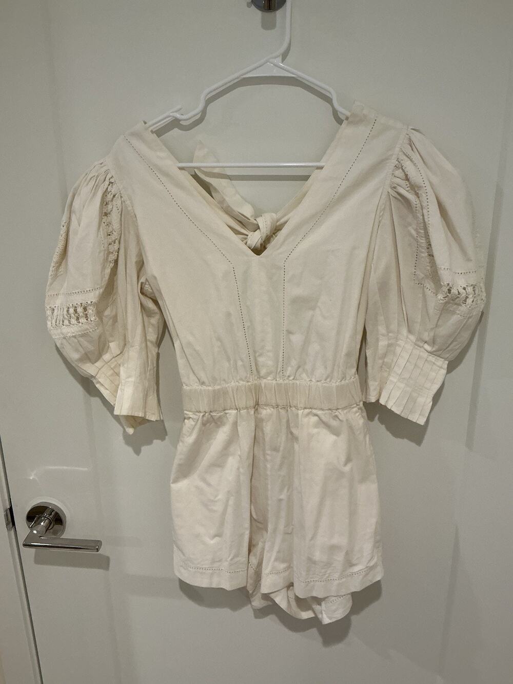 SEA New York Ivory Cotton Romper V-Neck Puff Sleeve Bowed Size 4